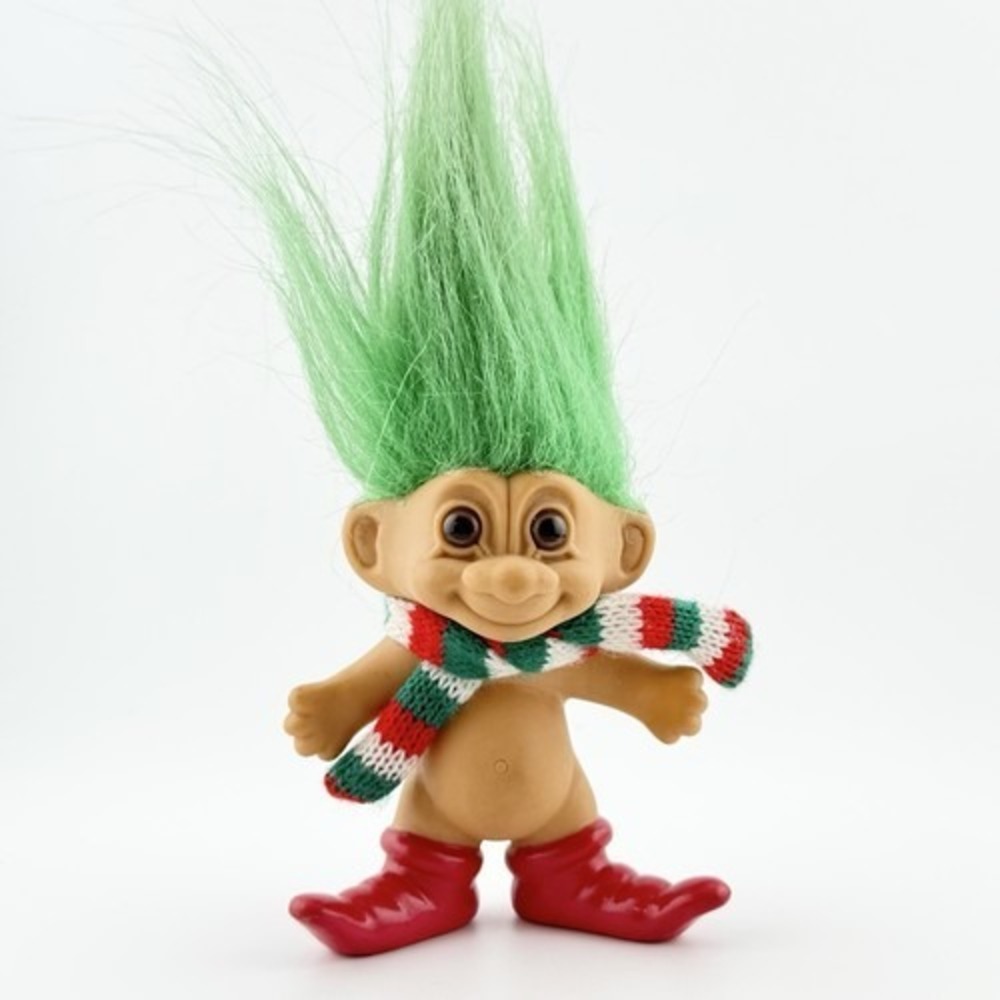Vintage Russ Christmas Troll Doll Green Hair Red Boots Holiday Scarf 1990s